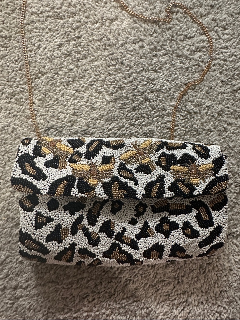 Beaded Leopard Print Crossbody Clutch - Gold, Black & White
